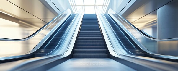 Obraz premium A modern escalator leads upwards in a well-lit space, showcasing sleek design and architectural elegance in a contemporary setting.