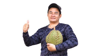 Handsome Asian man wears cap, holds durian fruit. Thumbs up. White background. Concept, fruit seller, gardener occupation. Durians,seasonal fruits and popular.                  