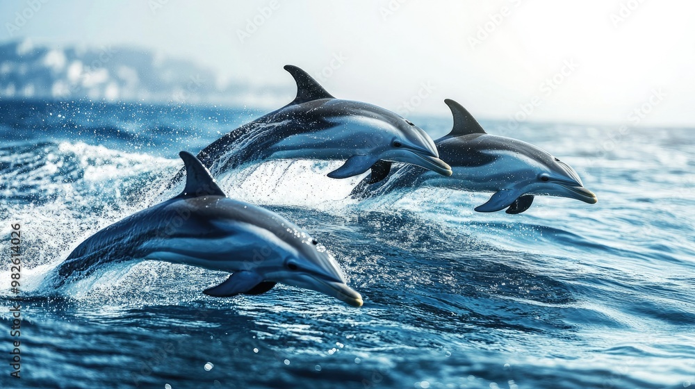 Poster a group of dolphins creating a splash as they swim together with a clear, open sea backdrop. the emp