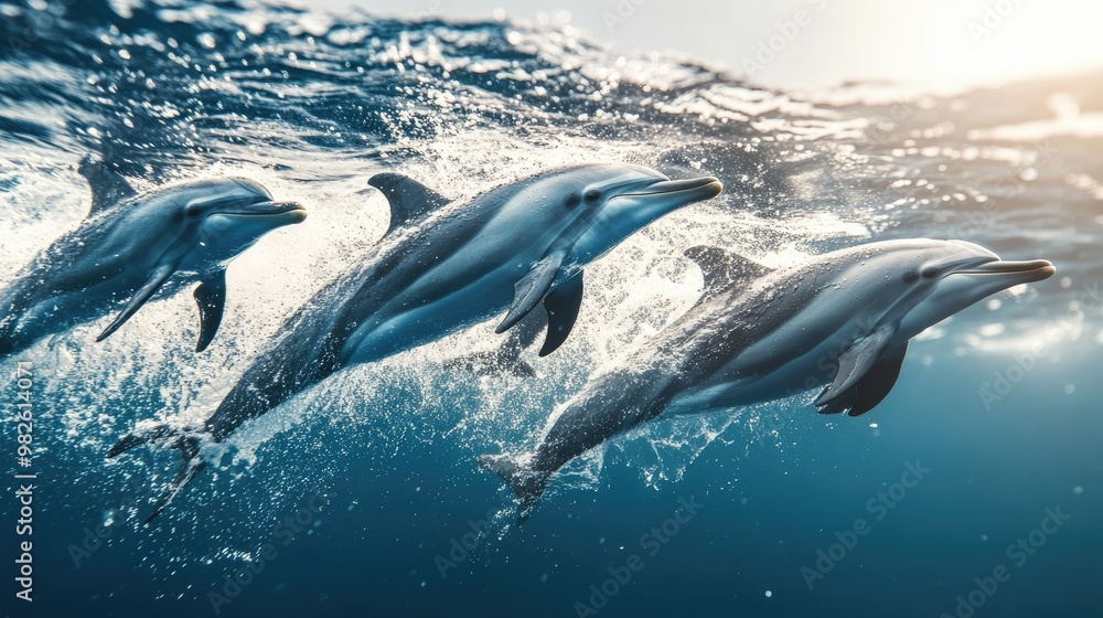 Poster a group of dolphins creating a splash as they swim together with a clear, open sea backdrop. the emp