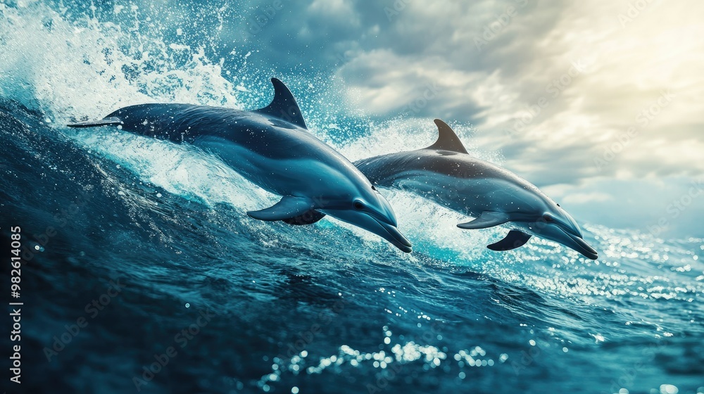 Poster a group of dolphins creating a splash as they swim together with a clear, open sea backdrop. the emp