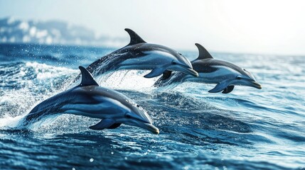 Obraz premium A group of dolphins creating a splash as they swim together with a clear, open sea backdrop. The empty space around them is perfect for text.