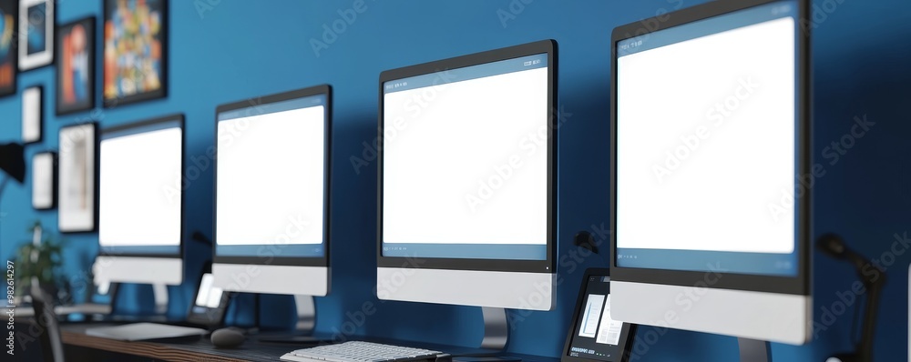 Poster a modern workspace featuring multiple computers with blank screens against a vibrant blue wall, perf