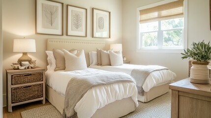Fototapeta premium A guest bedroom with twin beds, neutral bedding, and a simple yet stylish decor. The cozy layout provides a welcoming space for visitors.