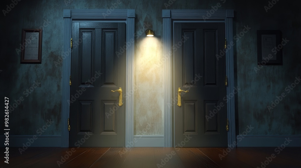 Poster a mysterious hallway with two contrasting doors illuminated by a soft light, creating an intriguing 
