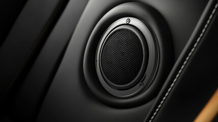 A high-definition car speaker mounted in a black leather door panel. The minimal design and clean layout allow for text to be added around the speaker.