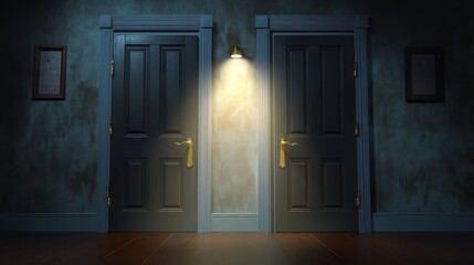 Obraz premium A mysterious hallway with two contrasting doors illuminated by a soft light, creating an intriguing atmosphere of choice.