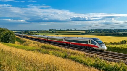 Fototapeta premium A high-speed train passing through a scenic countryside with wide, open space around the tracks. The unobstructed background allows for easy addition of text.