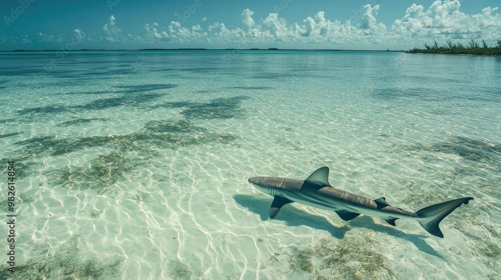 Poster a lone shark navigating through a shallow, clear lagoon with a vast open area around it. the unobstr