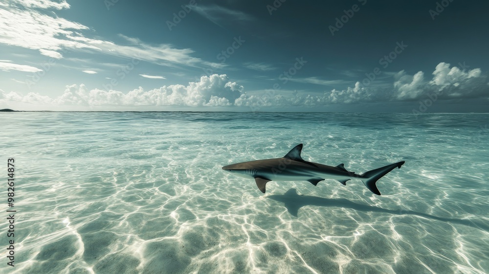 Poster a lone shark navigating through a shallow, clear lagoon with a vast open area around it. the unobstr