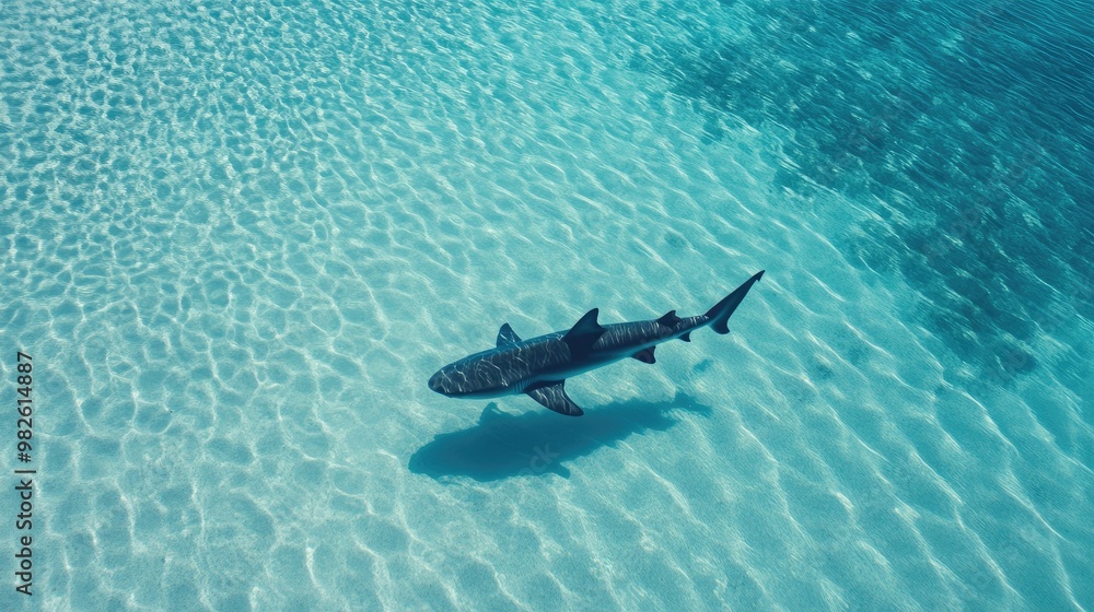 Poster a lone shark navigating through a shallow, clear lagoon with a vast open area around it. the unobstr