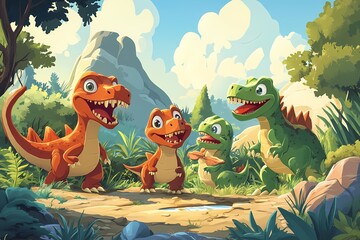 Naklejka premium Cute Dinosaurs in a Lush Forest