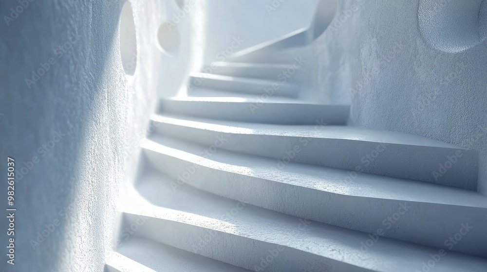Poster a serene and modern staircase with smooth, flowing lines and soft lighting, inviting exploration in 