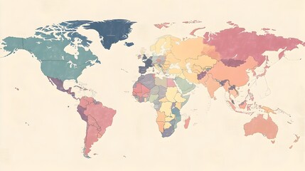 Fototapeta premium Vintage Stylized World Map with Diverse Continents and Countries
