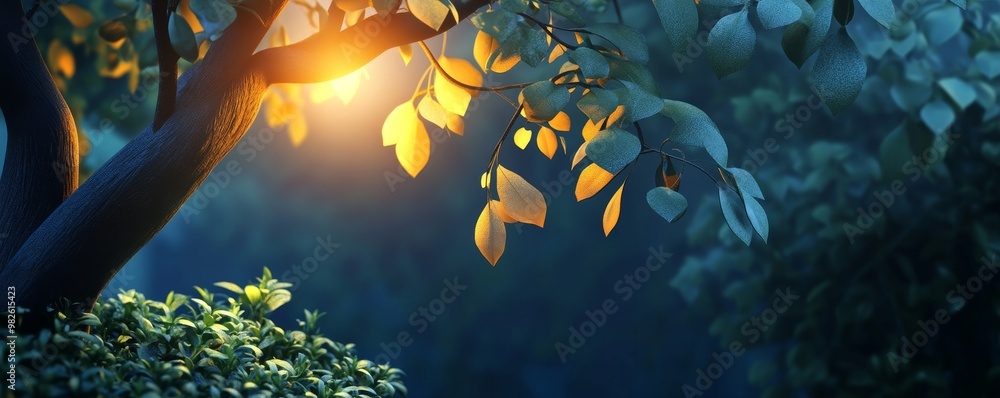 Poster a serene forest scene illuminated by gentle light filtering through lush leaves, creating an enchant