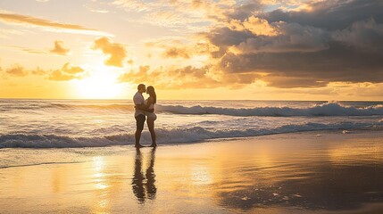 Fototapeta premium A couple standing on a beach at sunrise, the expecting mother partner lovingly kissing her baby bump, with waves gently crashing in the background