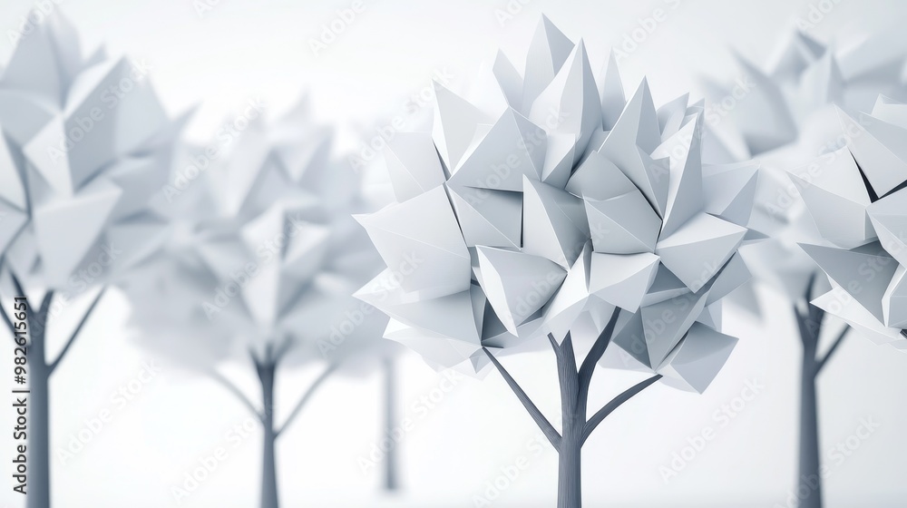 Poster a serene landscape of stylized paper trees with soft textures, creating a minimalistic and modern ae