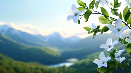 A serene landscape featuring white flowers against a backdrop of majestic mountains and a tranquil lake under a blue sky.