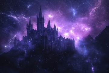 Fototapeta premium A mystical castle stands against a starry, purple night sky, surrounded by cosmic clouds and vibrant galaxies, evoking fantasy and wonder.