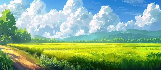 Obraz premium Landscape Rice Field With Fluffy Cloud Sky