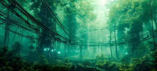 Obraz premium Future city in the forest. Nature, trees, grass and plants with building ecofriendly. Elf city, fantasy background, city wallpaper.