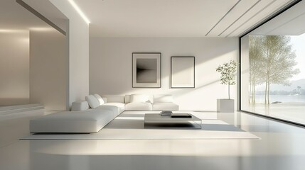 A minimalist living room with clean white walls, a sleek sofa, and a simple coffee table. Ample copy space in the open layout emphasizes the room's modern design.