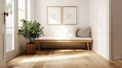 A minimalist Nordic entryway with light wood flooring, a clean white bench, and open space on the walls for text. The design is functional and welcoming.