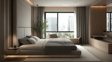 A modern bedroom with a king-sized bed, soft gray bedding, and a minimalist headboard. Large windows provide natural light, with a cozy reading nook by the corner.