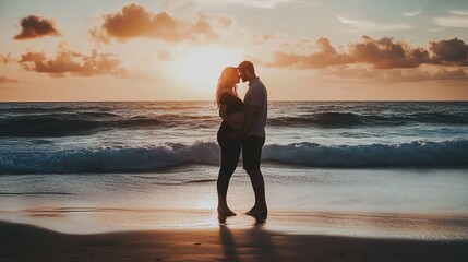 A couple standing on a beach at sunrise, the expecting mother partner lovingly kissing her baby bump, with waves gently crashing in the background