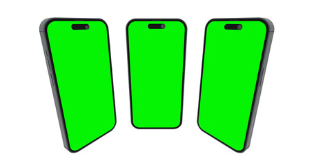 Three modern smartphones with green screen displays isolated on white background, mockup template