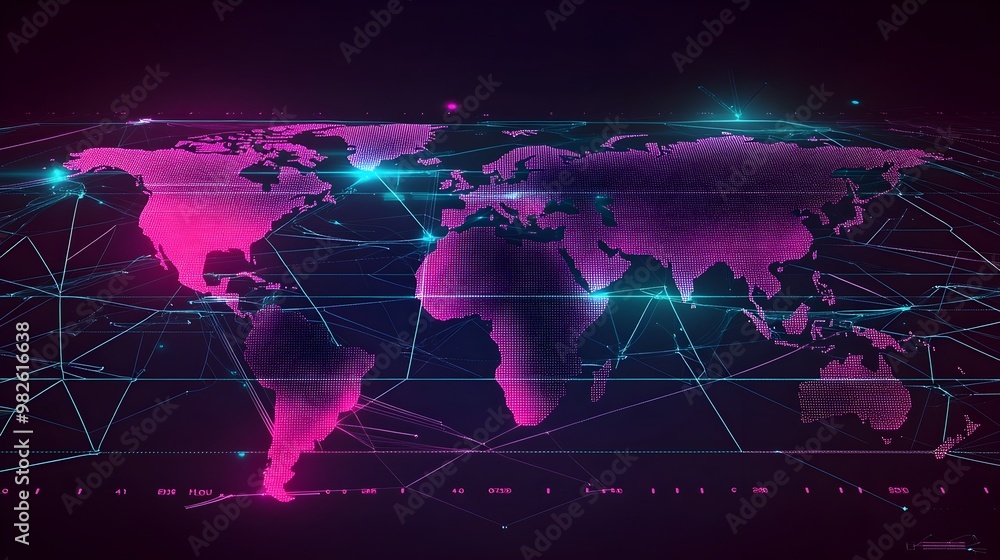 Poster interconnected global network and digital communication world map design