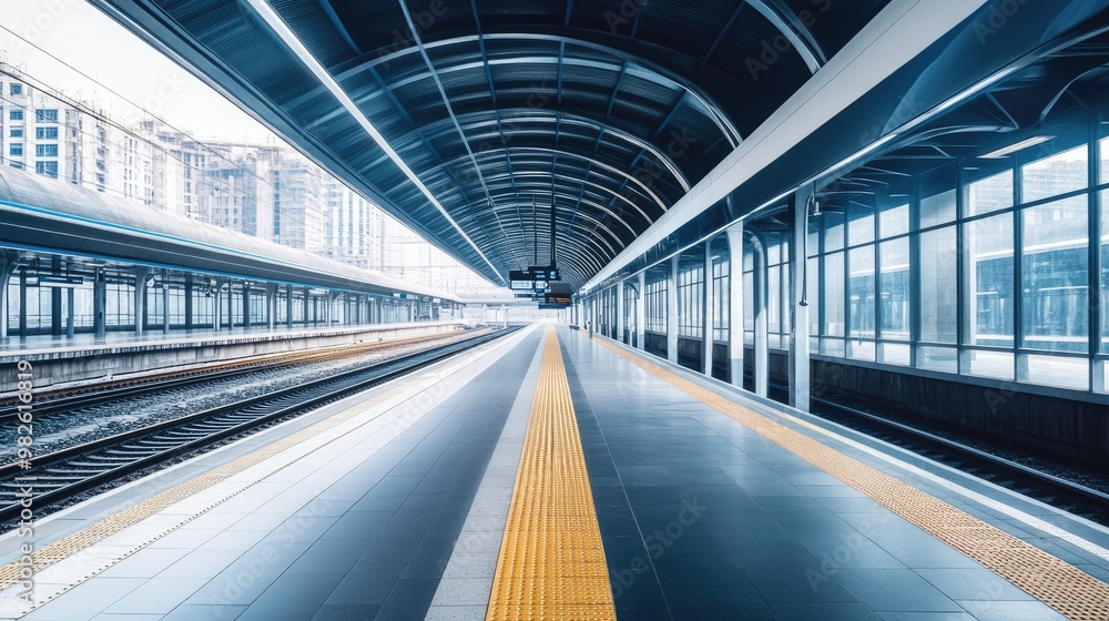 Poster a modern railway station with sleek design and an empty platform. the ample space around the station