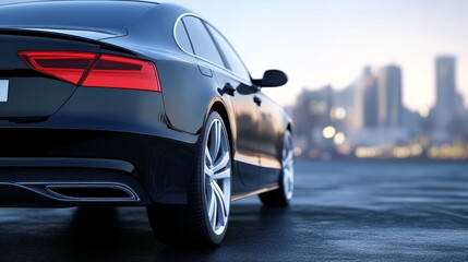 A sleek black car parked on a city street, showcasing modern design and urban surroundings in a vibrant atmosphere.