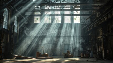 The bright sun is shining through the dusty windows of an abandoned building