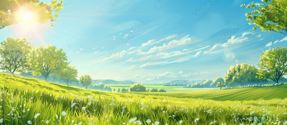 Poster spring green grass farm fields blue sky and sun