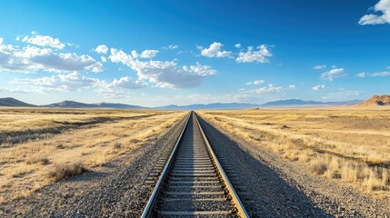 Fototapeta premium A panoramic view of a railway line cutting through a vast desert landscape with a clean, expansive sky. The open space around the tracks provides ample room for text.