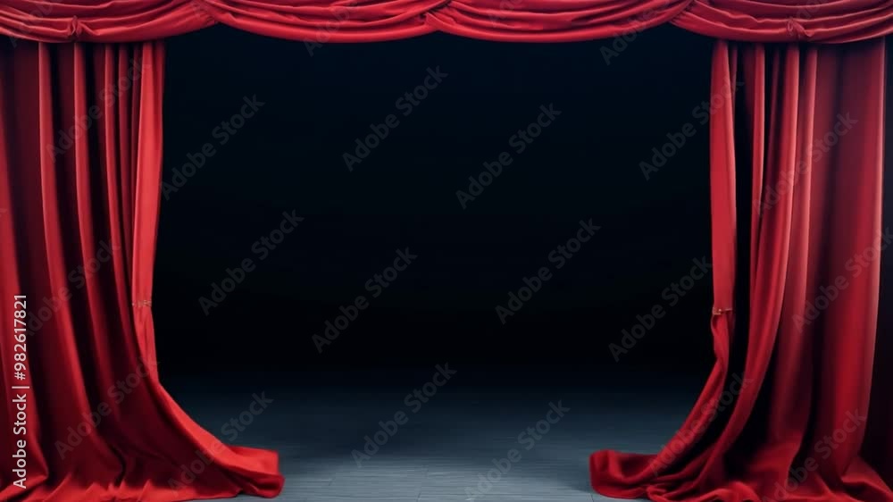 Aufkleber Rich red curtains hang with a luxurious drape, ready to part and expose the stage. The atmosphere is filled with excitement as an audience awaits the performance.
