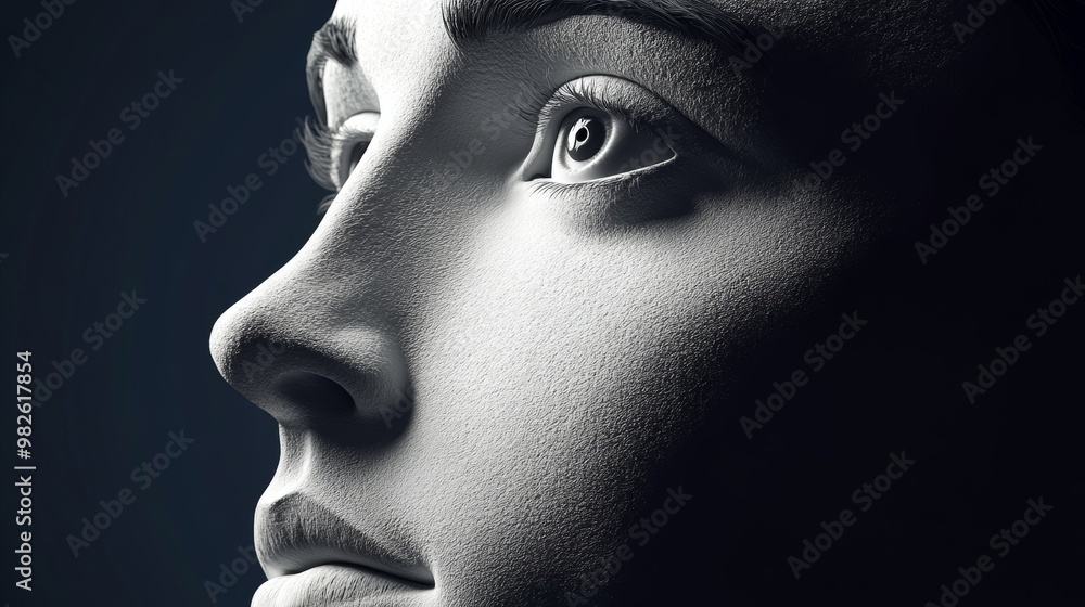 Poster a striking profile of a mannequin showcasing intricate details in light and shadow, highlighting its