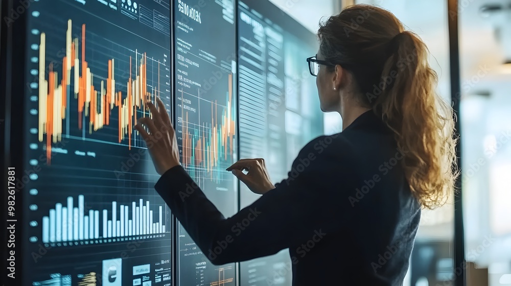 Poster professional analyzing financial data and charts on multiple screens in workplace