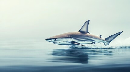 Fototapeta premium A powerful shark in motion with its sleek body cutting through calm waters. The clean, unobstructed background provides room for copy.