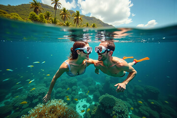 Young White Couple Snorkeling in Tropical Waters