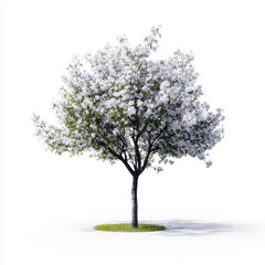 Obraz premium Single tree in full bloom with white flowers, isolated on a clean white background.
