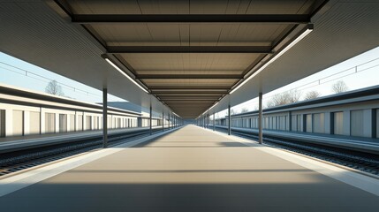 Fototapeta premium A railway station with a clean, minimalistic design and an empty platform. The ample space around the station is ideal for text placement.