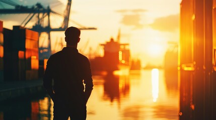 Fototapeta premium Logistics manager inspecting stock in container terminal (close up, focus on, copy space) Sunlight reflecting on water and containers. Double exposure silhouette with shipping vessels