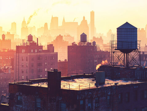 A city skyline with a large water tower in the background