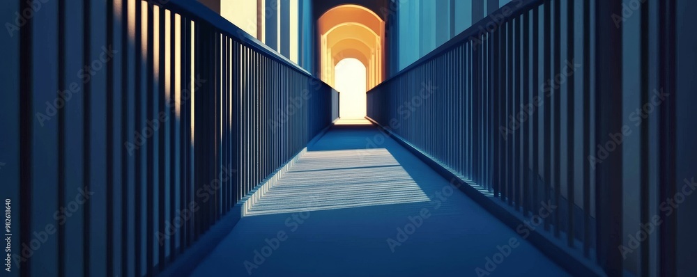 Poster a vibrant corridor with blue tones and light streaming through, creating a serene and inviting atmos