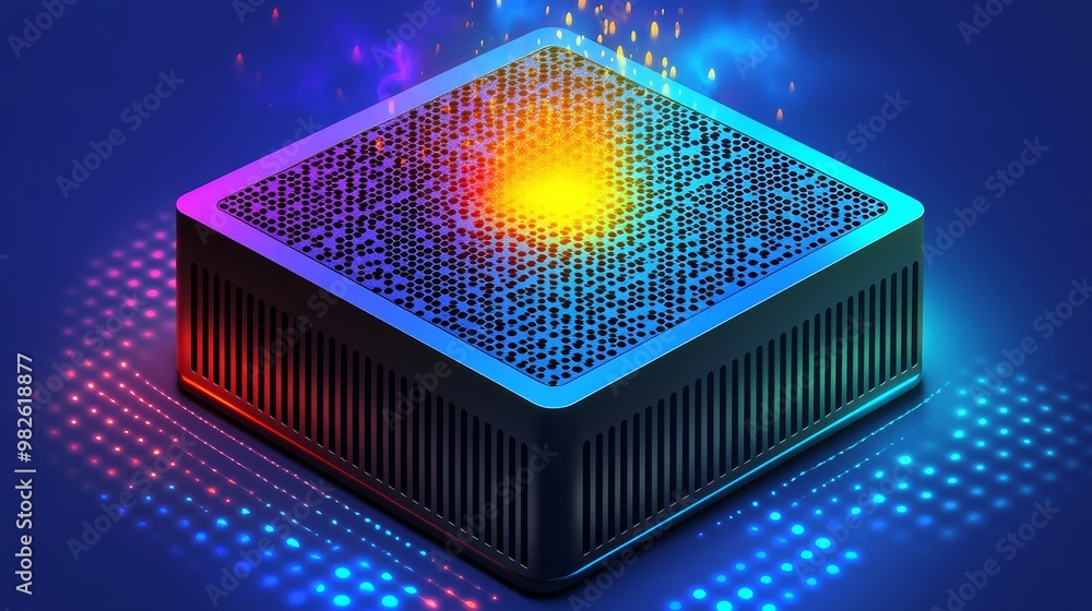 Poster a vibrant illustration of a computer processor, showcasing colorful lights and intricate patterns, s