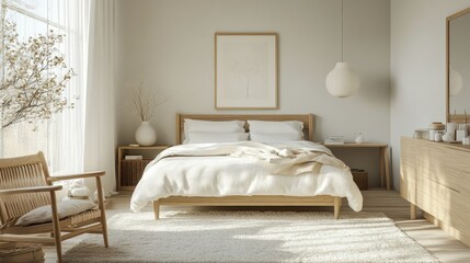 A Scandinavian-inspired bedroom with light wood furniture, white bedding, and minimal decor. The space feels calm and bright, with an emphasis on functionality.