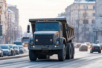 Fototapeta premium Dump truck driving through busy city street