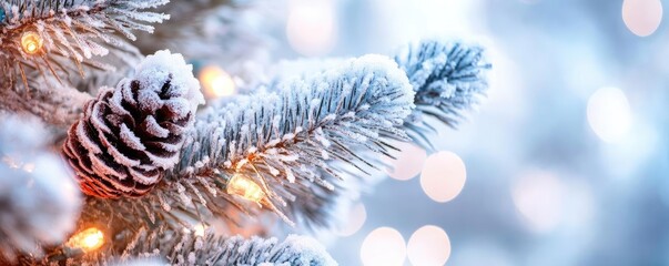 Close-up of a snowy pine tree branch adorned with festive lights, capturing the essence of winter and holiday spirit.